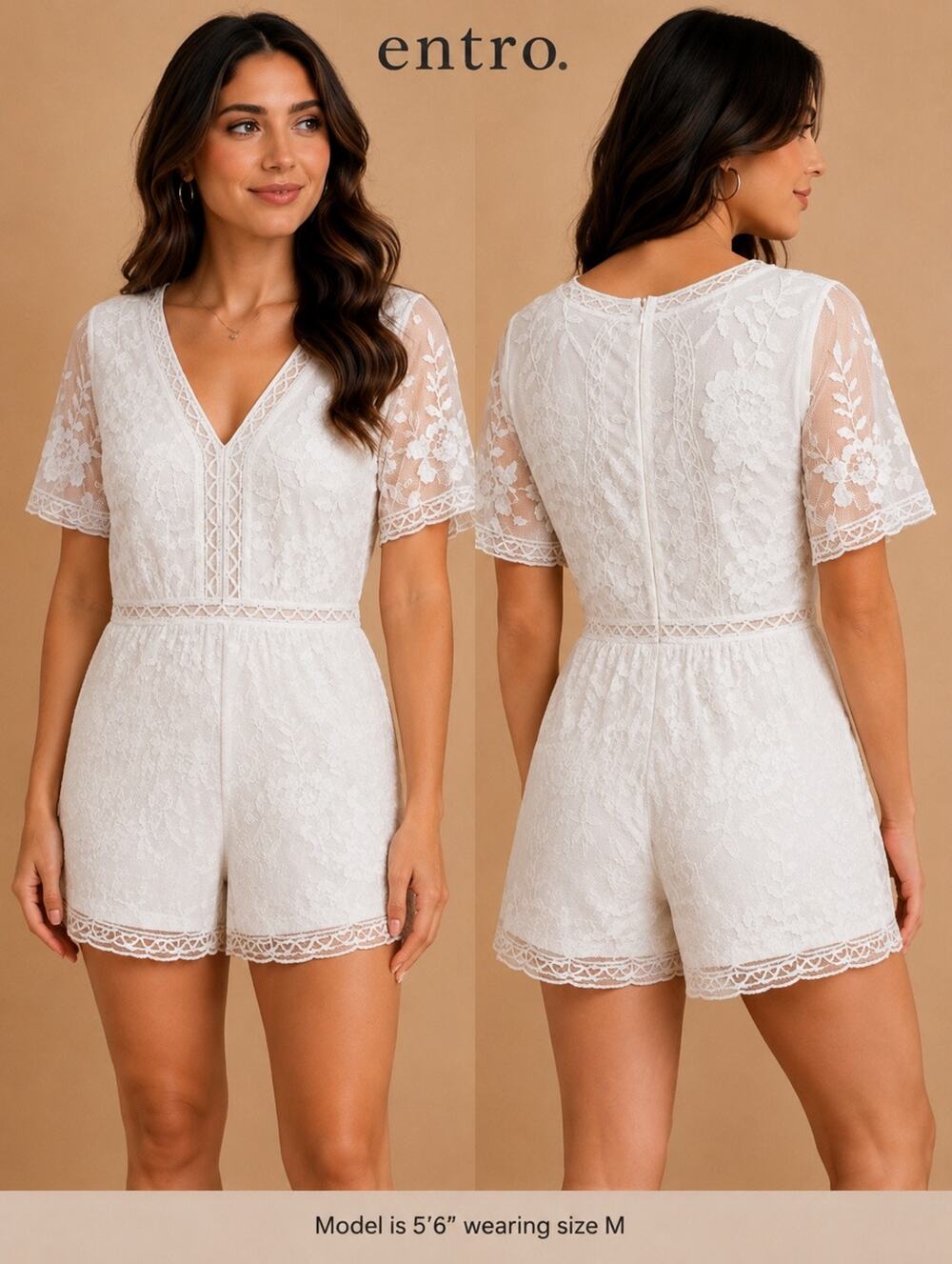 Entro White Lace Trim Romper Medium NWT V-Neck Short Sleeve lined